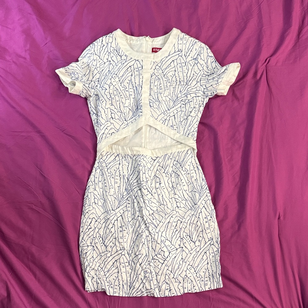 Women’s Mini Perla Dress by Staud Cutout Accents Blue Palm Ibiza Cotton Size 2